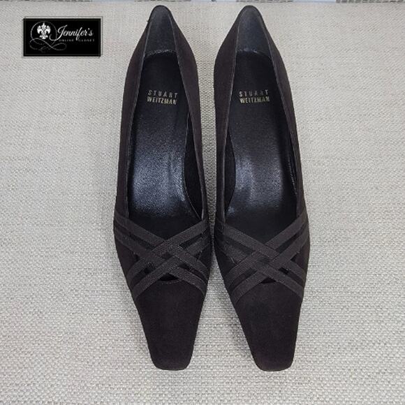 Stuart Weitzman Women's Brown Suede Criss Cross Toe Strap Kitten Heels - Picture 4 of 14